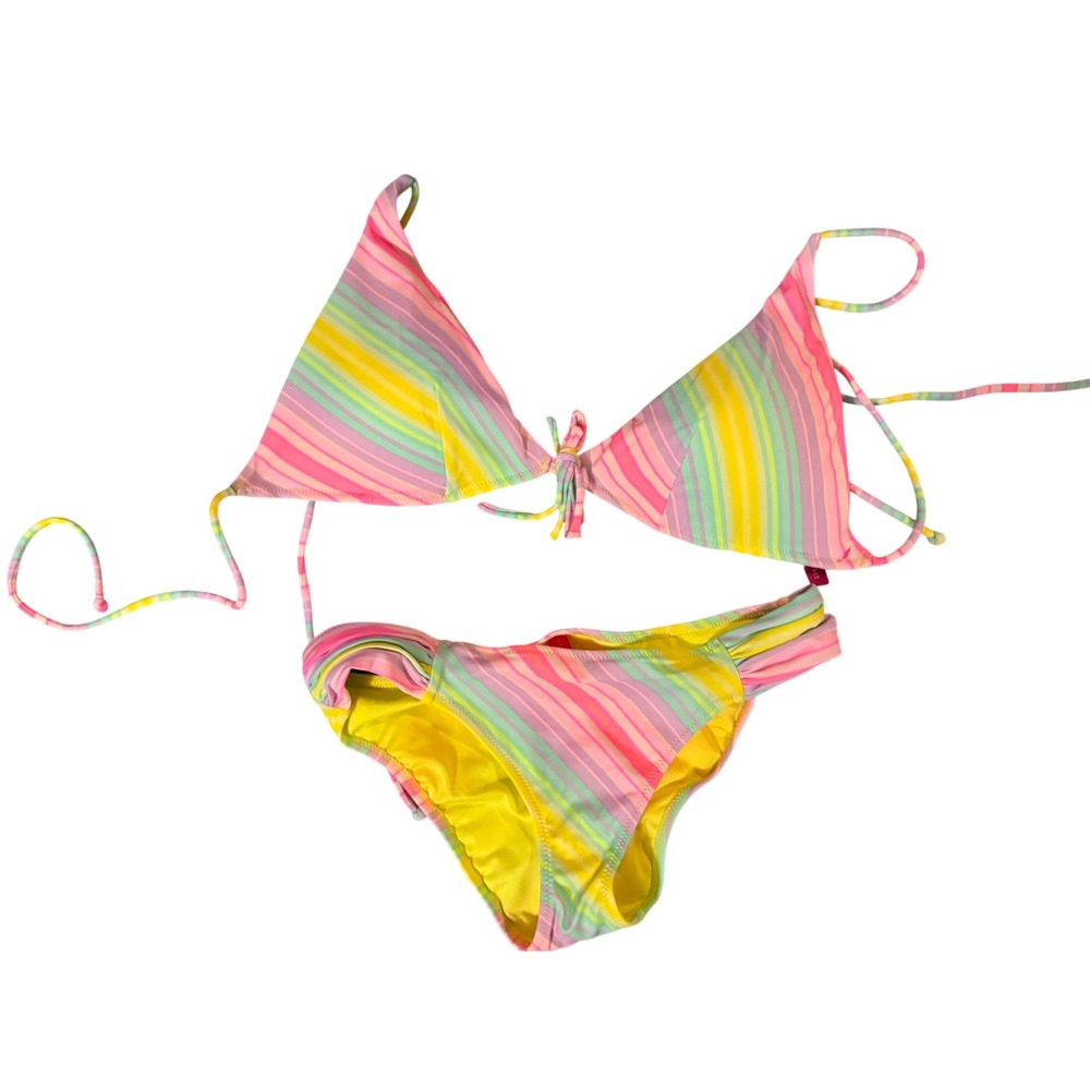 Victorias Secret Rainbow Stripe Triangle Bikini Set Y2K Coconut Girl Pink Yellow